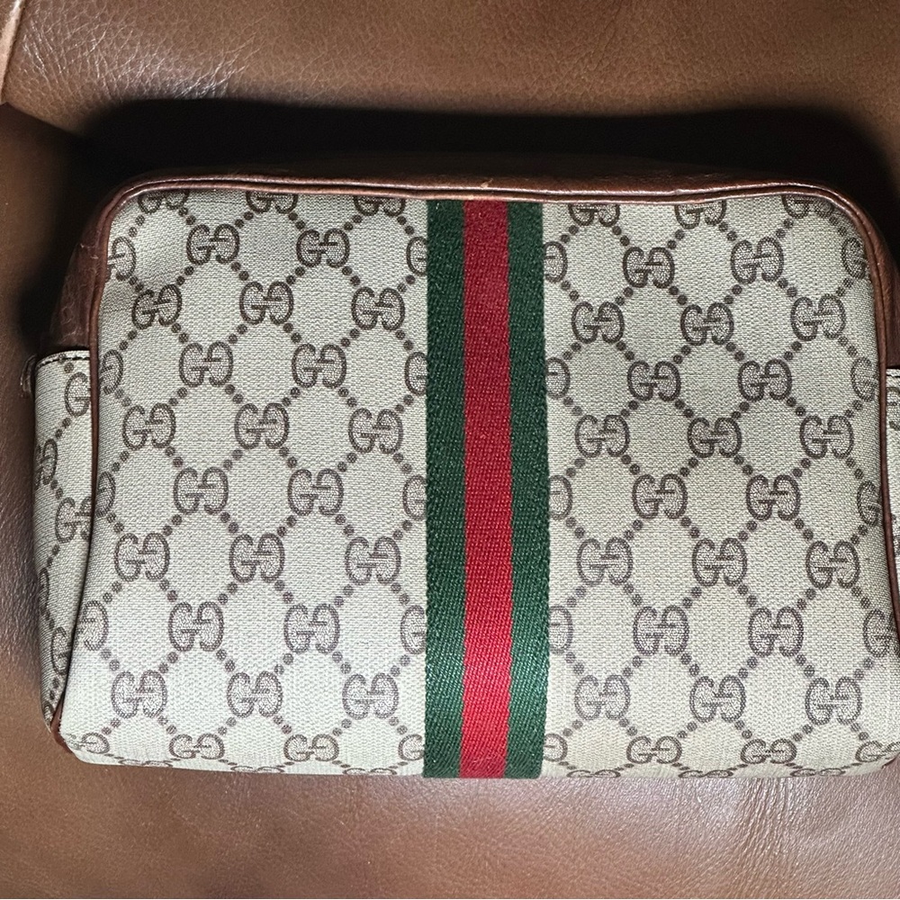 Gucci Brown and Tan Pouch or Bag with GG Monogram and Striped Accent - Picture 3 of 4